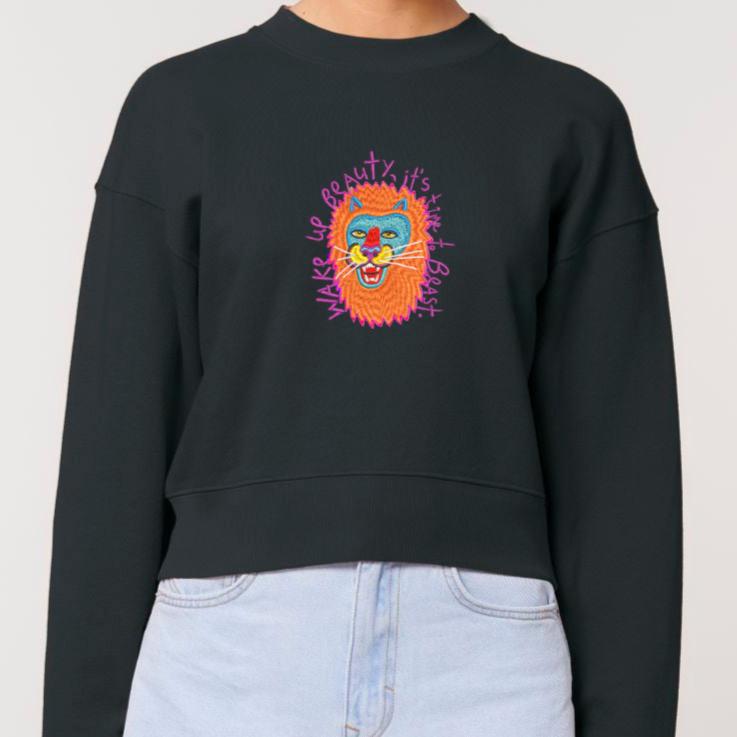 Lion - WAKE UP BEAUTY, IT'S TIME TO BEAST. Embroidered WOMEN'S CROPPED CREW NECK SWEATSHIRT